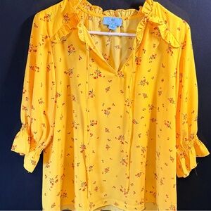 CeCe DuPraz Saffron Yellow Floral Peasant Blouse Split Neck Tie Ruffle L